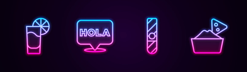 Set line Tequila glass with lemon, Hola, Cigar and Nachos in bowl. Glowing neon icon. Vector © vector_v