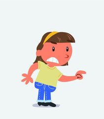 cartoon character of little girl on jeans pointing something aggressively.