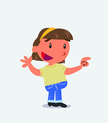 cartoon character of little girl on jeans smiling while pointing.