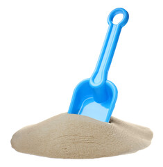 Pile of sand and light blue plastic toy shovel on white background