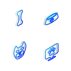 Set Isometric line Pet food bowl, Dog bone, Cat and Location veterinary hospital icon. Vector
