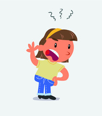  Indigned cartoon character of little girl on jeans vehemently shakes his hand
