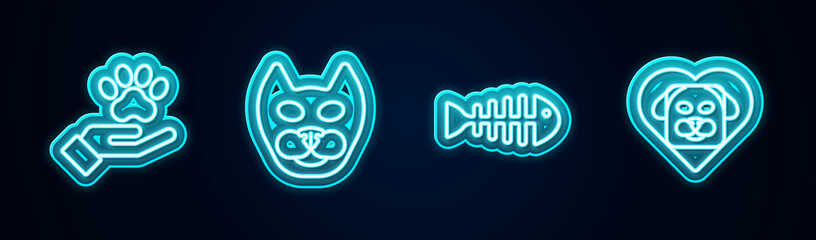 Set line Hands with animals footprint, Cat, Fish skeleton and Heart dog. Glowing neon icon. Vector