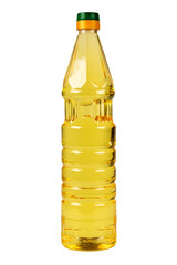 Vegetable oil in plastic bottle isolated on white background