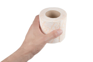 hand holding toilet paper over white background