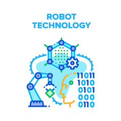 Robot Technology Vector Icon Concept. Robot Technology Developing And Coding, Robotic Arm For Working On Factory Conveyor. Engineering Technological Innovation System Color Illustration