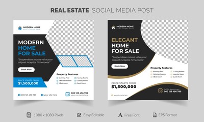Real estate social media post bundle, modern social media post, easily editable, colorful, and elegant design.