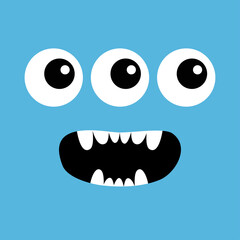 Monster head. Cute cartoon Boo Spooky Screaming face emotion. Three eyes, teeth fang, mouse. Square head. Happy Halloween card. Flat design style. Blue background.