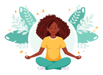 Black woman meditating in lotus pose. Healthy lifestyle, yoga, wellbeing, relax. Vector illustration