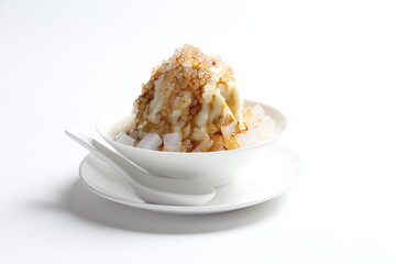 chilled soya pudding jelly with sea coconut sago ice snow kacang and brown sugar syrup in white bowl sweet dessert menu