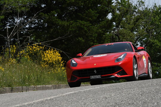 Panzano in Chianti, Italy 18 june 2021: unknown drives a Ferrari F12 Berlinetta 2013 during Ferrari Tribute Mille Miglia 2021. Italy