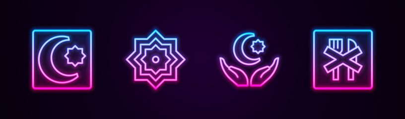 Set line Star and crescent, Octagonal star, and Ramadan fasting. Glowing neon icon. Vector