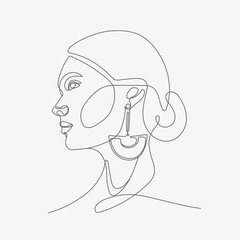 Woman head vector lineart illustration. One Line style drawing. 