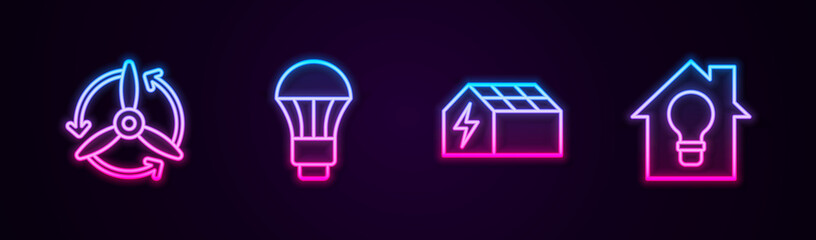 Set line Wind turbine, LED light bulb, Solar energy panel and Smart house and. Glowing neon icon. Vector © vector_v