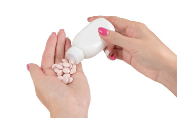 Hands full of pils isolated on white background