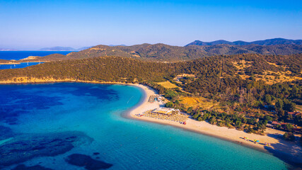 Fototapeta na wymiar Aerial shot of Tuerredda beach on a beautiful day, Sardinia, Italy. Aerial drone view of Tuerredda in Sardegna. Famous Tuerredda beach on the south of Sardinia near Teulada. Sardinia, Italy.