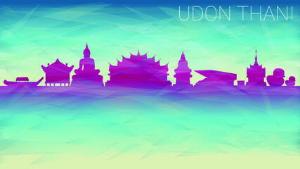 Udon Thani Thailand Skyline City Silhouette. Broken Glass Abstract Geometric Dynamic Textured. Banner Background. Colorful Shape Composition.