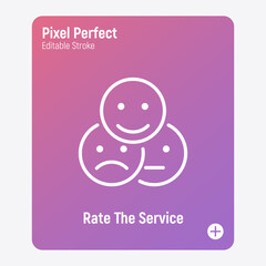 Rate the service, feedback, customer experience thin line icon. Positive, negative, neutral face. Pixel perfect, editable stroke. Vector illustration.