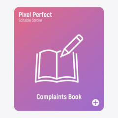 Complaints book to write feedback, review thin line icon. Book with pencil. Pixel perfect, editable stroke. Vector illustration.