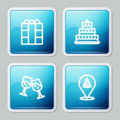 Set line Gift box, Cake with burning candles, Glass of champagne and Slice pizza icon. Vector
