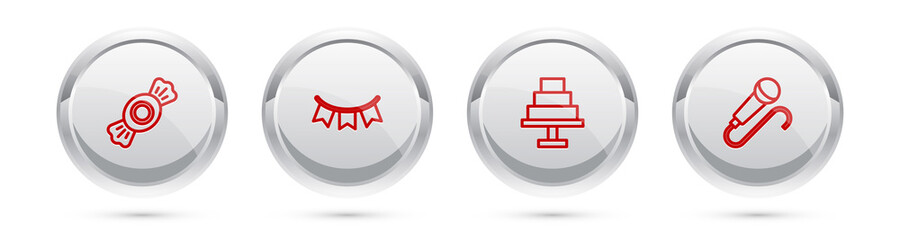 Set line Candy, Carnival garland with flags, Cake and Microphone. Silver circle button. Vector
