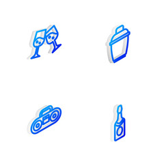 Set Isometric line Cocktail shaker, Glass of champagne, Home stereo with two speakers and Champagne bottle icon. Vector