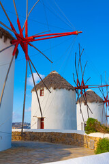 Windmill in the middle  in Mykonos island cyclades Greece