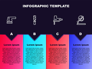 Set line Electric sander, Rasp metal file, jigsaw and Table for woodwork. Business infographic template. Vector