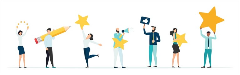 Customer feedback, testimonial, online survey concept. Group of people rating customer experience, writing review, leaving feedback. Client, user satisfaction. Isolated flat vector illustration