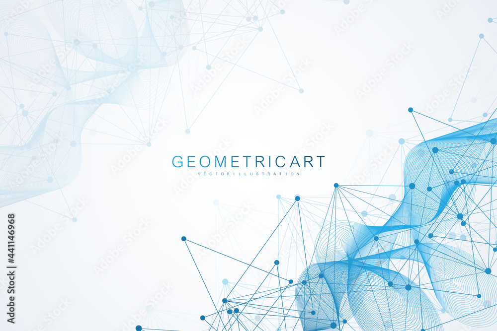 Poster geometric abstract background with connected line and dots. structure molecule and communication. bi
