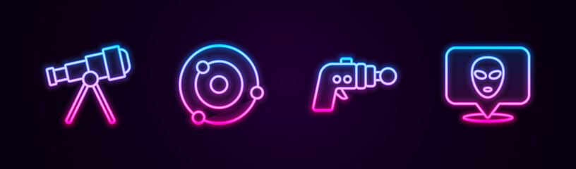 Set line Telescope, Solar system, Ray gun and Alien. Glowing neon icon. Vector