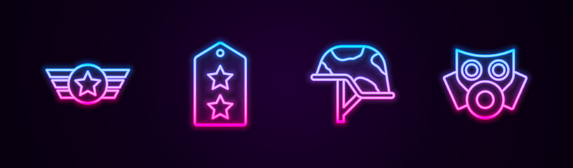 Set line Star American military, Military rank, helmet and Gas mask. Glowing neon icon. Vector