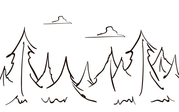 Vector Hand drawn sketch forest landscape pine and clouds. Line design
