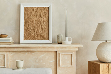 Stylish modern composition of living room. interior with white mock up poster frame, lamp on he...