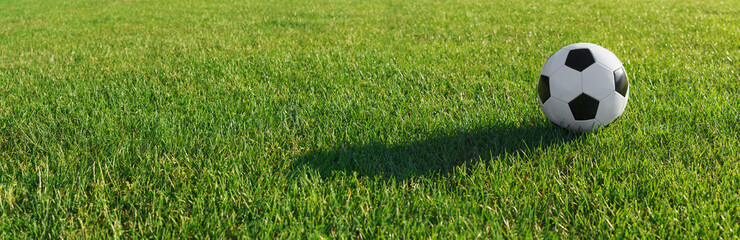 classic soccer ball on green grass in summer