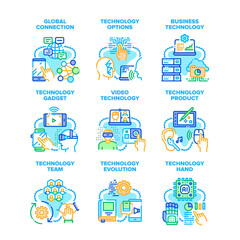 Business Technology Set Icons Vector Illustrations. Technology Evolution And Product, Global Connection And Video, Technological Robotic Hand And Innovative Gadget Color Illustrations