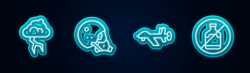 Obraz premium Set line Storm, Modern pilot helmet, UAV Drone and No alcohol. Glowing neon icon. Vector