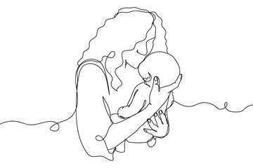 Continuous one line of mother with little baby in silhouette on a white background. Linear stylized.Minimalist.