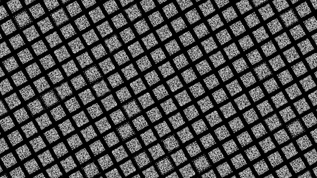 Abstract diagonal rows of square shaped black and white QR codes moving slowly on black background. Animation. Concept of digital information, monochrome.