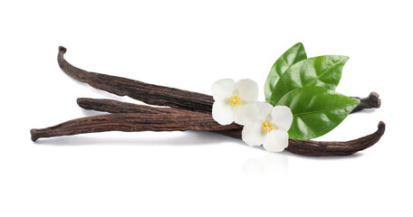 Dried aromatic vanilla sticks, beautiful flowers and green leaves on white background. Banner design
