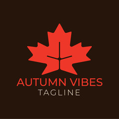 Vector illustration of minimal red maple leaf and inscription Autumn Vibes on black background