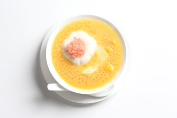 chilled mango sago fruit with pomelo and soya pudding jelly in white bowl sweet dessert menu - obrazy, fototapety, plakaty