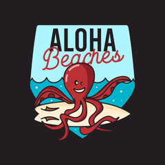 Vector illustration of octopus with surfboard in sea. Print logo on black background