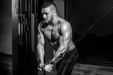 Fototapeta na wymiar Fitness man execute exercise with exercise-machine Cable Crossover in gym. Handsome man with big muscles in gym. Machine in the gym. Muscular man working out in gym 