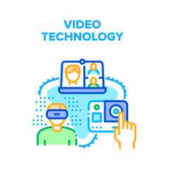 Video Technology Vector Icon Concept. Video Technology For Communicate Through Laptop Call And Chatting Online, Watching Video And Playing Game. Digital Camera Device Color Illustration