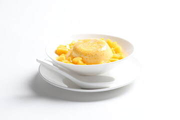 chilled mango sago fruit with pomelo and mango pudding jelly in white bowl sweet dessert menu