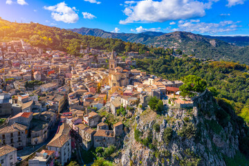 Amazing cityscape of Novara di Sicilia town. Aerial view of Novara di Sicilia, Sicily, Italy, Europe. Mountain village Novara di Sicilia, Sicily, Italy.