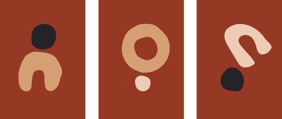 Collection of modern minimalistic abstractions with geometric shapes in terracotta color background