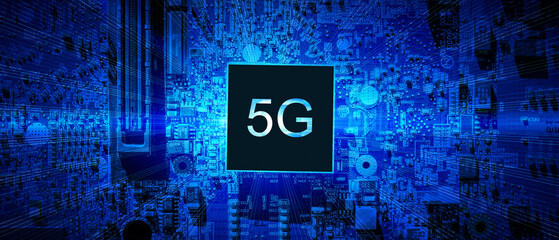 5g wireless. Digital computer motherboard with 5g mobile phone chip on wireless network business...