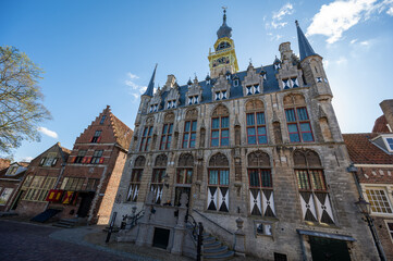 City view on old medieval houses in small historical town Veere in Netherlands, province Zeeland